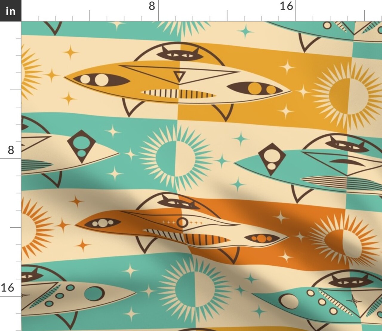 Retro Spaceship Ufo Cat Black Space Sun Mcm Mid Century Exploration Aqua Yellow Orange Beige Custom Printed Fabric by Spoonflower Various Fabrics by the Yard or Fat Quarter